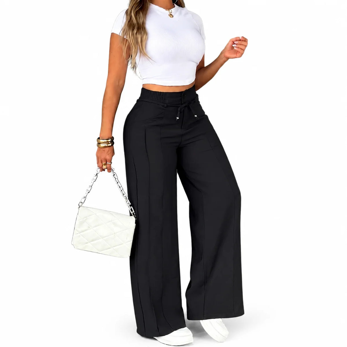 Aria – Pantalón Ancho de Tiro Alto con Cordón, Efecto Vientre Plano