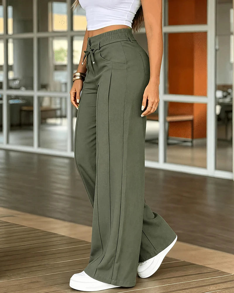 Aria – Pantalón Ancho de Tiro Alto con Cordón, Efecto Vientre Plano